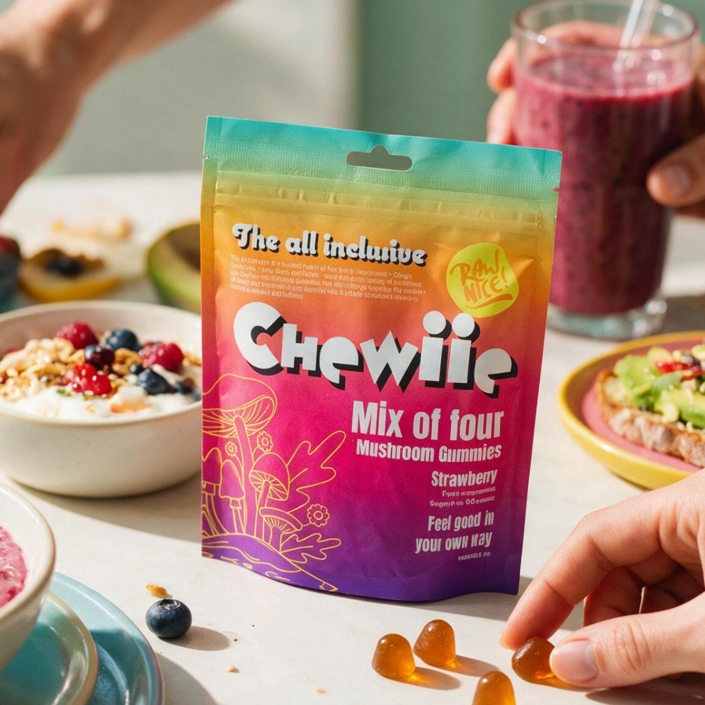 A bag of Chewlie Mix of four Mushroom Gummies is displayed on a breakfast table with hands holding a drink and reaching for the gummies, creating a lifestyle scene.